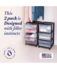 Homz Plastic 3 Drawer Medium Storage Tower, Clear Drawers and Black Frame (2 Pack)