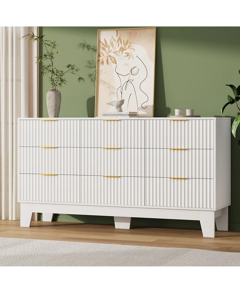 homfan 9 Drawer Dresser for Bedroom, 47" Wide Fluted Chest with Metal Handle, Modern Wooden Tv Stand, Clothes Organizer Hallway, Entryway
