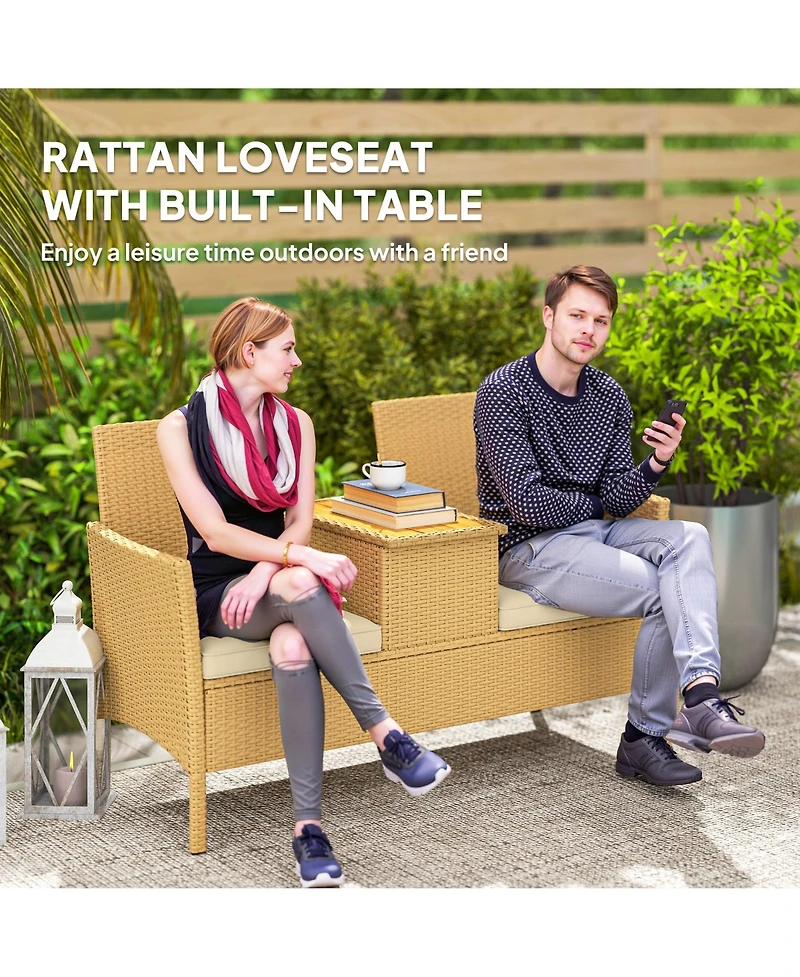 Outsunny Rat Patio Loveseat Wicker Sofa with Built-in Table