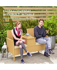 Outsunny Rat Patio Loveseat Wicker Sofa with Built-in Table