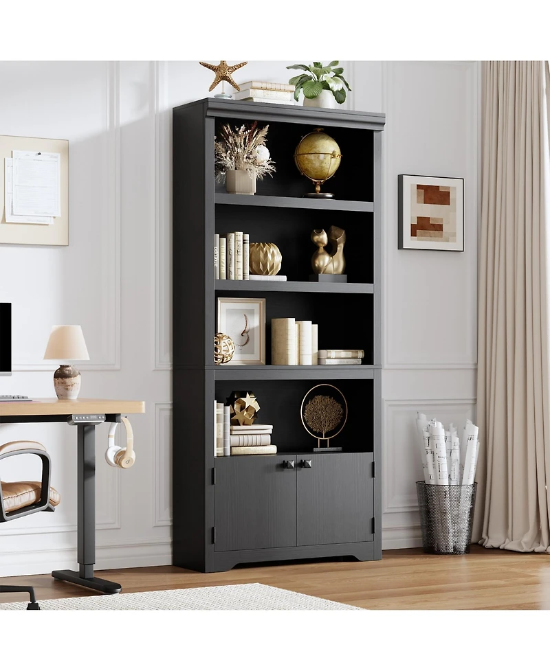 gaomon 5 Tier Bookshelf Farmhouse Bookcase with 2 Doors Adjustable Shelves Anti-Slip for Home Office Living Room, Study