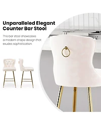 Rainsken Bar Stools Set of 2, Velvet Counter, Button Tufted and Nailheads Trim, with Metal Legs, for Kitchen Island Dining Room Pub