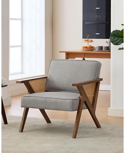 gaomon Mid-Century Modern Accent Chair,Linen Upholstered Vintage Rattan Vanity Chair Cute Reading Arm Chair Wood Frame for Lounge,Living Room,Bedroom