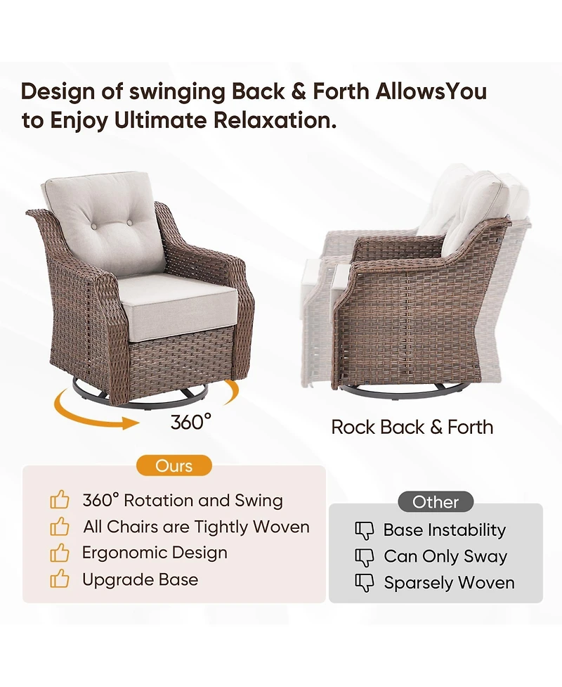 Pocassy 3-Pieces Brown Wicker Outdoor Swivel Rocking Chair with Cushion