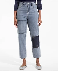 Lands' End Petite Soft Denim Mid Rise Relaxed Straight Crop Patchwork Jeans