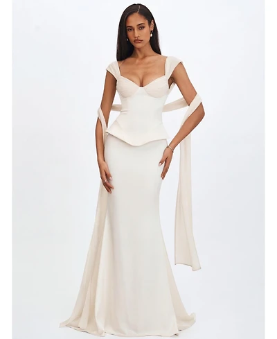 Miss Circle Women's Jessalyn Ivory Sweetheart Peplum Mermaid Wedding Dress with Chiffon Scarf
