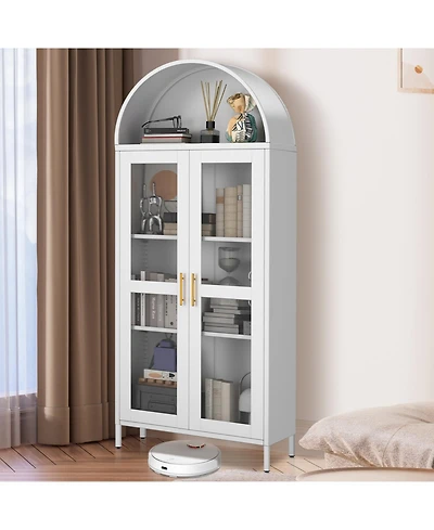 gaomon 73" Modern Arched Metal Storage Cabinet with Glass Doors for Living Room, Pantry Bookshelf, White