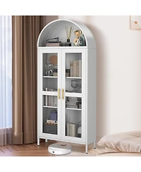 gaomon 73" Modern Arched Metal Storage Cabinet with Glass Doors for Living Room, Pantry Bookshelf, White