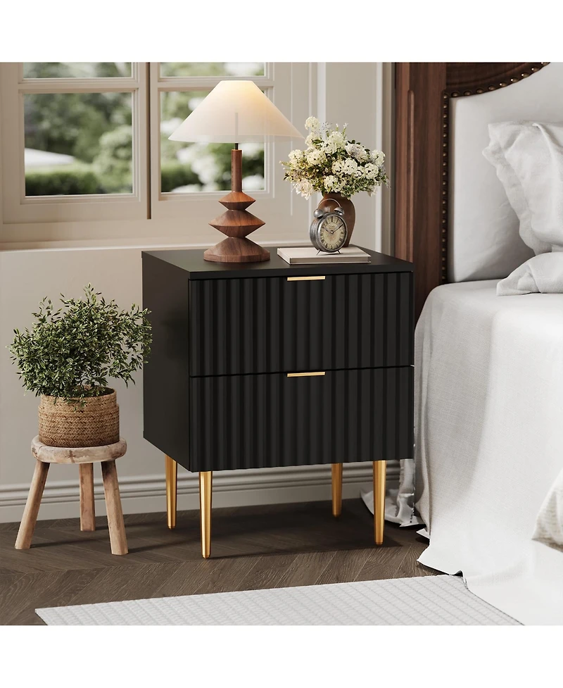 homfan 1PCS/2PCS Modern Fluted Nightstands,2 Drawers, Gold and Wood Accents for Bedroom, Living Room