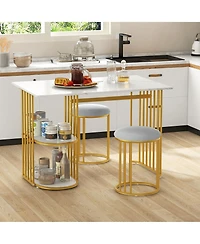 Gymax 3 Piece Dining Table Set with 2 Stools, 2-tier Storage Shelf Upholstered Seat
