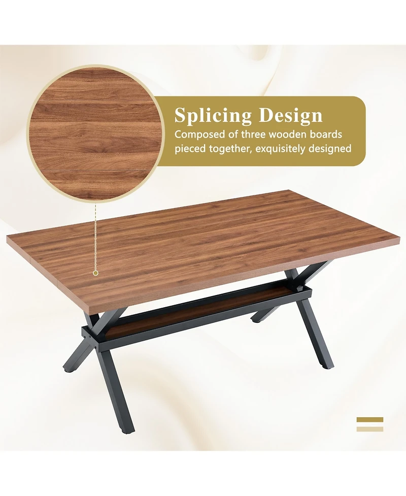 Rainsken 71" 35.4" Dining Table for 6-8 People - Mdf Splicing Desktop, X-Shaped Metal Frame, with Storage Shelves Room