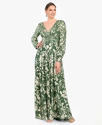 Betsy & Adam Women's Long-Sleeve V-Neck Metallic Floral Gown