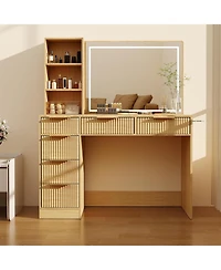 gaomon Extra Large Fluted Makeup Vanity - 36" Led Mirror, 6 Drawers and Charging Station (2 Ac+2 Usb) Oak Dressing Table with Tempered Glass Top