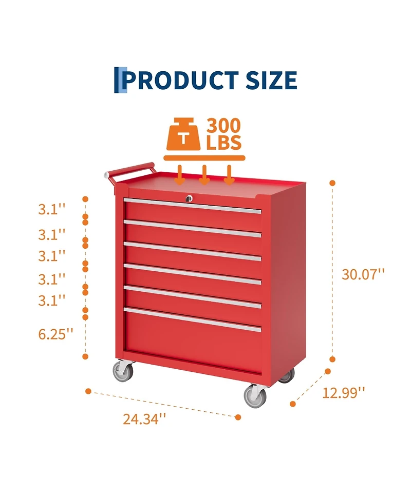 Gaomon 6-Drawer Portable Tool Storage Cart, Rolling Tool Chest Cabinet, Lockable Toolbox Organizer, Red