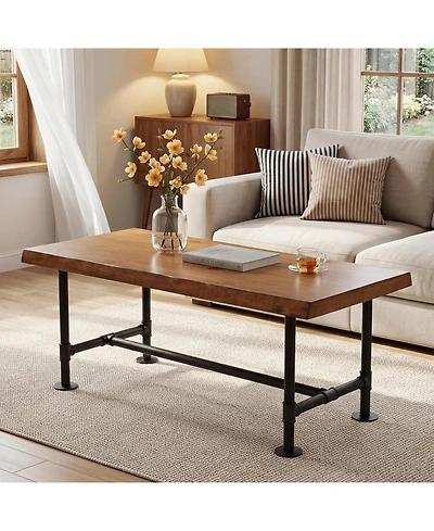 Tribesigns 47" Live Edge Coffee Table, Farmhouse Solid Wood Accent Center Table with Metal Legs, Rectangular Low Cocktail Tea Furniture