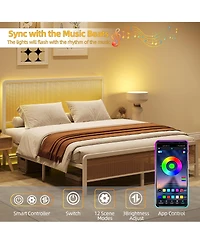 homfan Full Size Rattan Platform Bed Frame with Led Headboard, Modern Boho Cane Style, Heavy Duty Metal Frame, Steel Slats, No Box Spring Needed