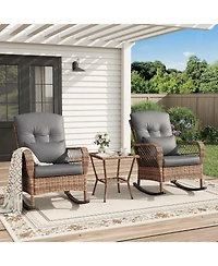 GarveeLife 3 Piece Patio Rocking Chair Set - High Back Rattan Rockers and Tempered Glass Coffee Table