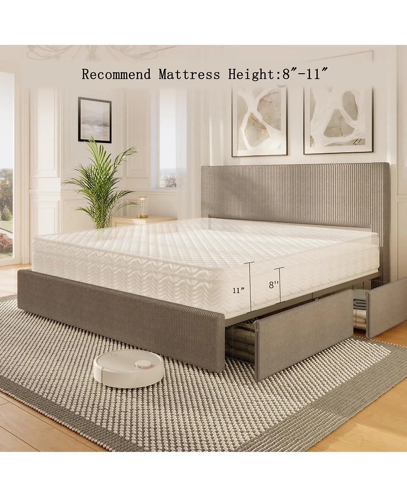 homfan Upholstered Platform Bed Frame with 4 Storage Drawers, Corduroy Channel Tufted Wingback Headboard