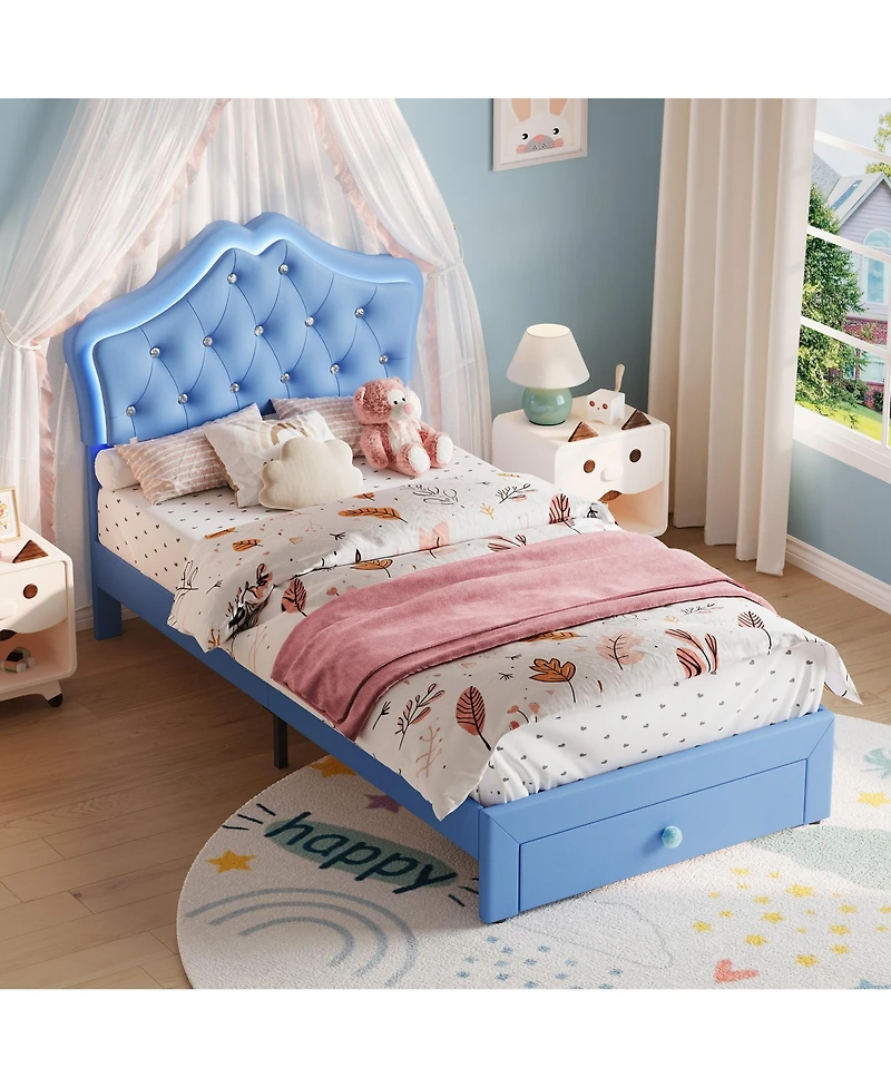 homfan Twin Upholstered Princess Bed Frame with Led Headboard, Storage Drawer, Velvet Finish, No Box Spring Needed