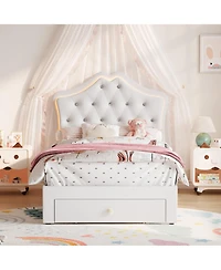 homfan Twin Upholstered Princess Bed Frame with Led Headboard, Storage Drawer, Velvet Finish, No Box Spring Needed