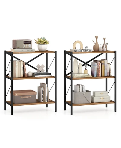 Gymax 2Pieces 3-Tier Bookshelf Industrial Bookcase with Heavy-Duty Metal FrameBook Holder