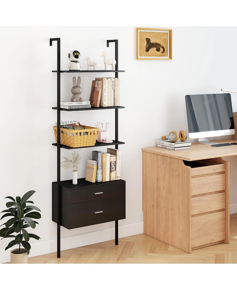 Gymax Ladder Bookshelf with Storage Wall Mount Bookcase with 4 Open Shelves