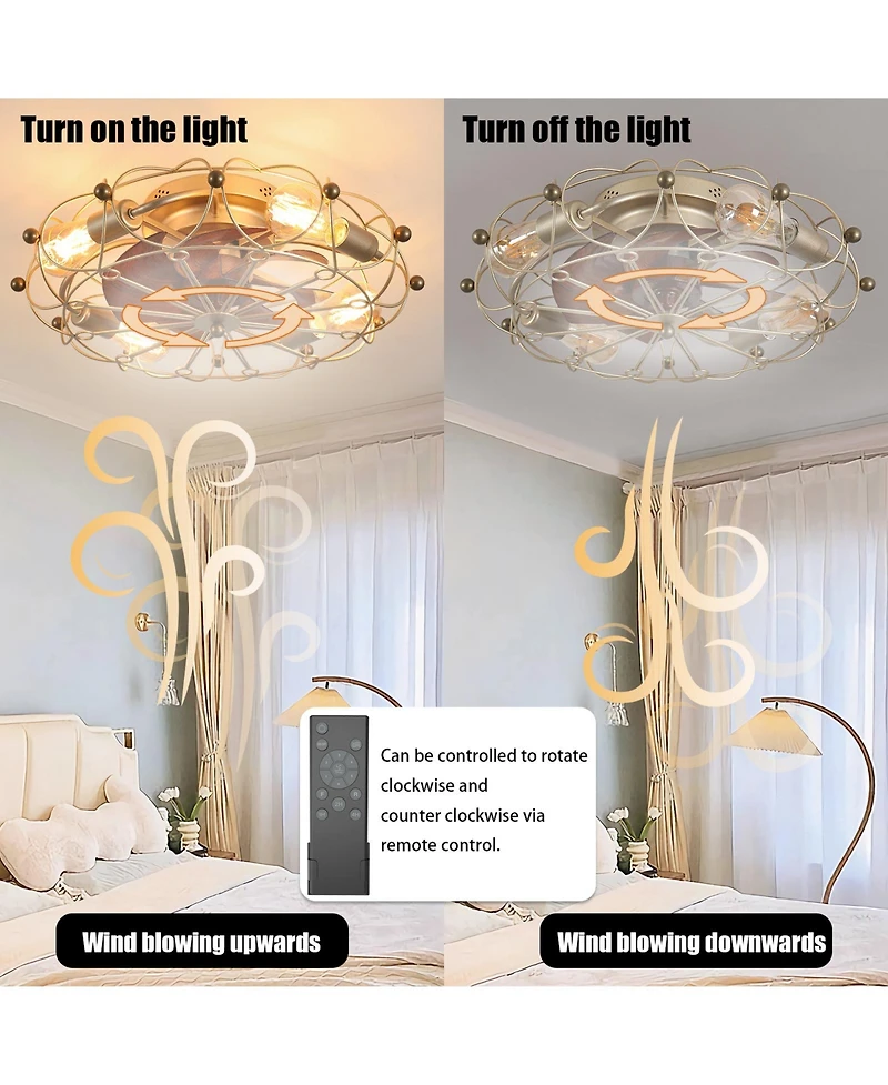 Clihome Low Profile Caged Ceiling Fan, Embedded Industrial Fan with Lights Remote Control