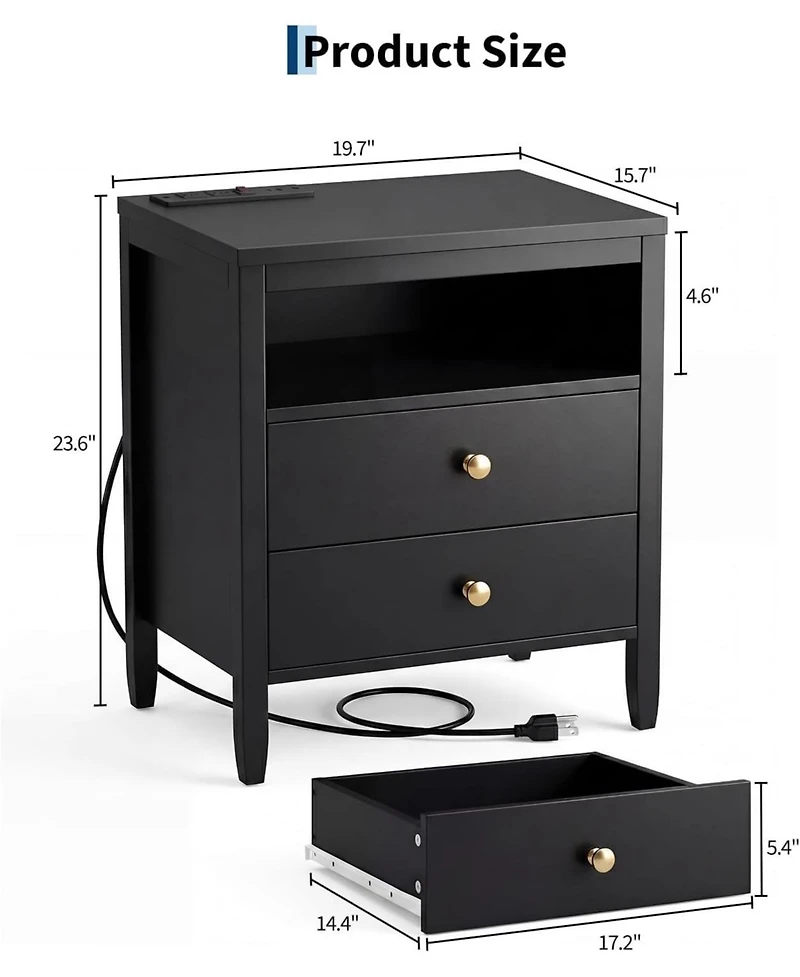 gaomon Wood Nightstand with Charging Station