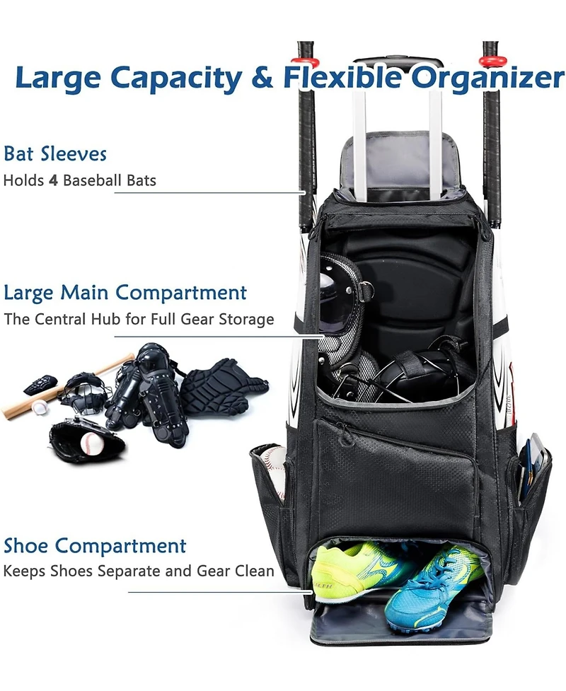 Furlihong 60L Rolling Baseball Bag - Youth Equipment Holds 4 Bats, Shoe Compart & Fence Hook, for Boys Girls 8+