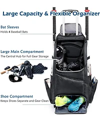 Furlihong 60L Rolling Baseball Bag - Youth Equipment Holds 4 Bats, Shoe Compart & Fence Hook, for Boys Girls 8+