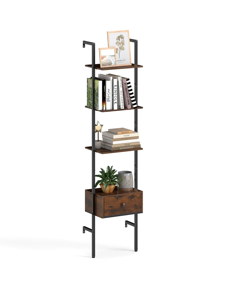 Gymax 5-Tier Bookshelf with Drawer 70'' Wall Mount Ladder Bookcase with Metal Frame