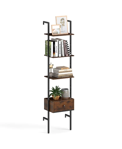 Gymax 5-Tier Bookshelf with Drawer 70'' Wall Mount Ladder Bookcase with Metal Frame
