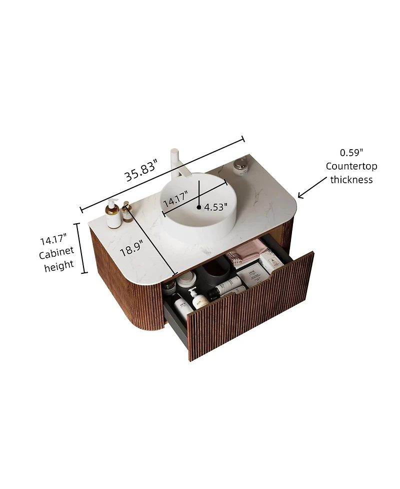 Sillysis Wall Mounted Bathroom Vanity with Artificial Marble Top, Round Ceramic Sink, Walnut Striped Drawer