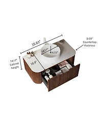 Sillysis Wall Mounted Bathroom Vanity with Artificial Marble Top, Round Ceramic Sink, Walnut Striped Drawer