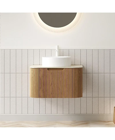 Sillysis Wall Mounted Bathroom Vanity with Sintered Stone Top, Round Ceramic Vessel Sink, Wood Grain Drawer