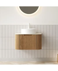 Sillysis Wall Mounted Bathroom Vanity with Sintered Stone Top, Round Ceramic Vessel Sink, Wood Grain Drawer