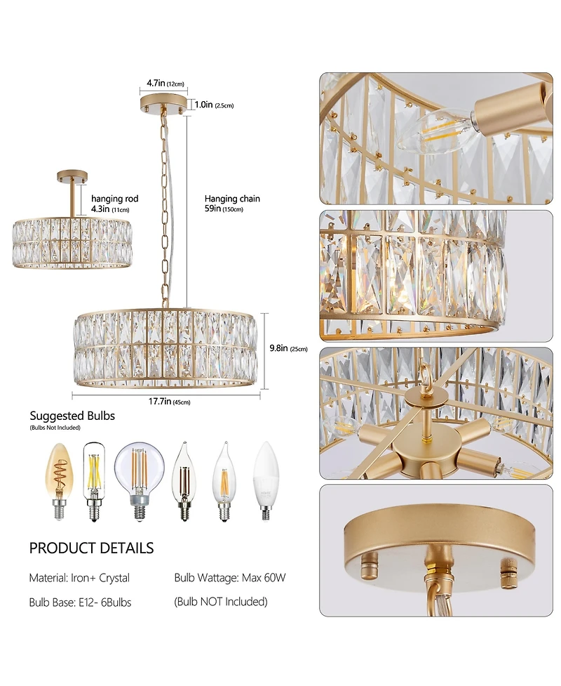 Clihome Crystal Chandeliers, 5-Tier Round Semi Flush Mount Chandelier Light Fixture, Luxury Ceiling Lighting