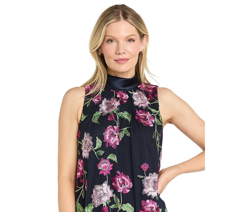R & M Richards Petite Embroidered Trapeze Sleeveless Mini Dress