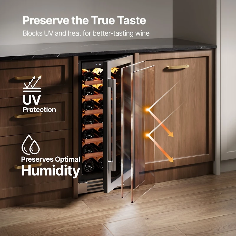 CaLefort 15 Inch Wine Cooler Refrigerator, 33 Bottle Capacity, Built In or Freestanding, Glass Door, 3.0 Cubic Feet
