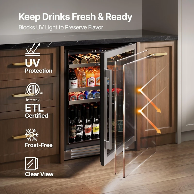 CaLefort 24 Inch Beverage Refrigerator Cooler, 180 Can Capacity, Glass Door, Built In or Freestanding, 5.65 Cubic Feet, 34 to 54 Degrees Fahrenheit