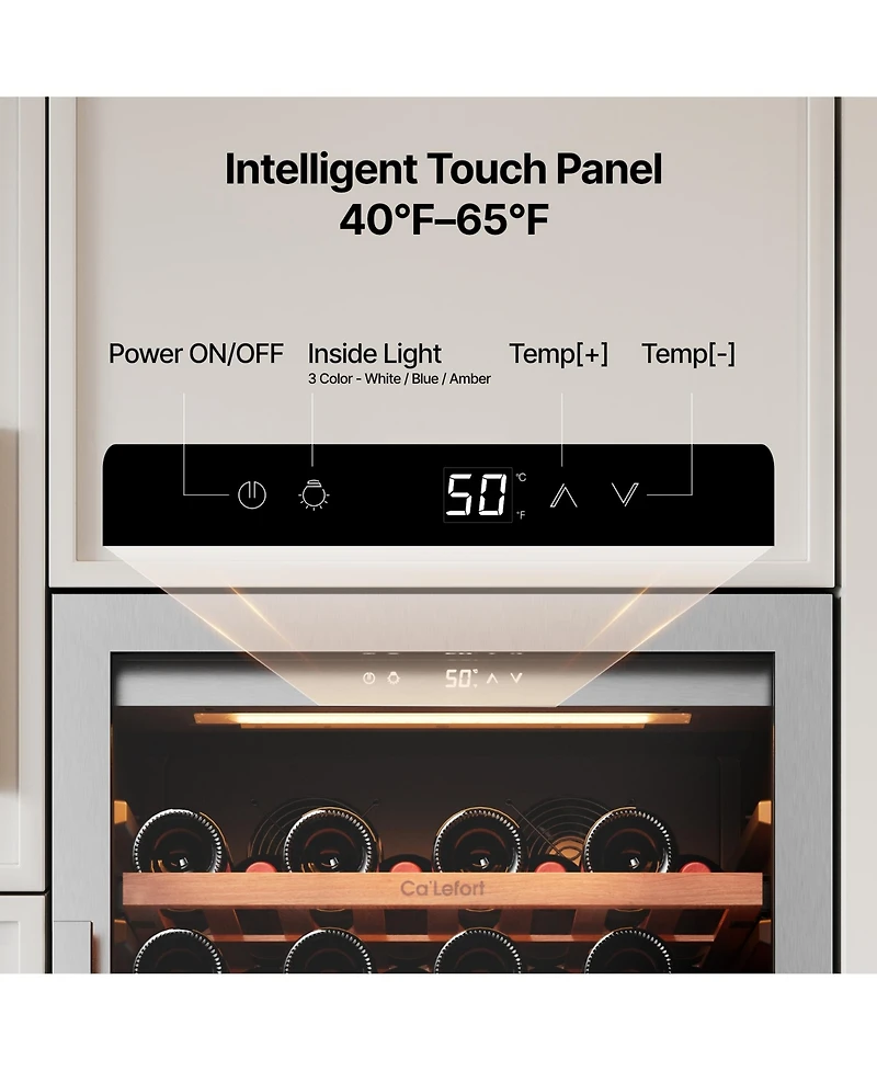 Ca'Lefort 24 inch Wine Cooler Refrigerator 90-Bottle,Freestanding/Built-In Wine Fridge 3LED stainless steel for Home/Bar/Office