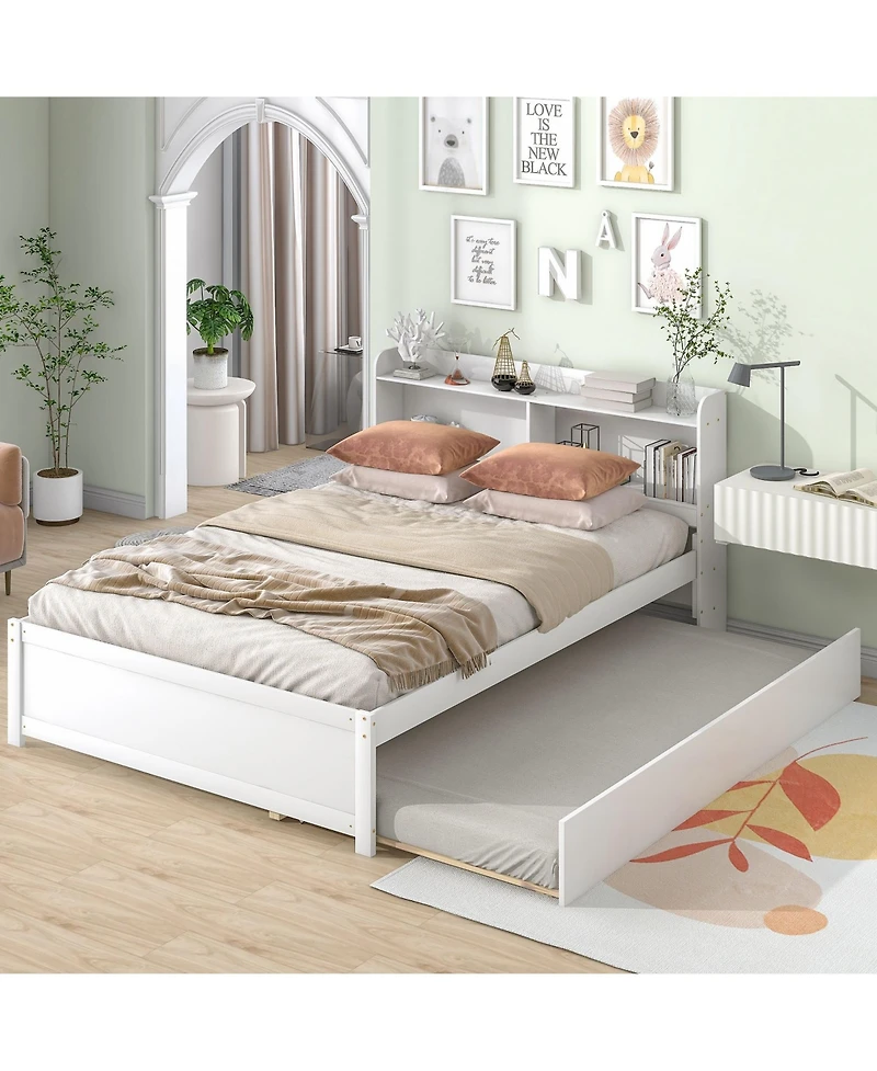 Clihome Bed with Trundle and Bookcase Headboard