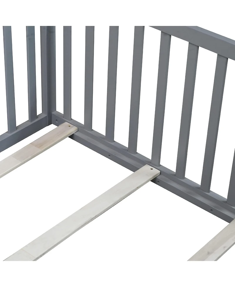 Sailvan Bed with High Fence Railings, Solid Rubber Wood Kids Platform Bed Frame