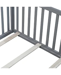 Sailvan Bed with High Fence Railings, Solid Rubber Wood Kids Platform Bed Frame