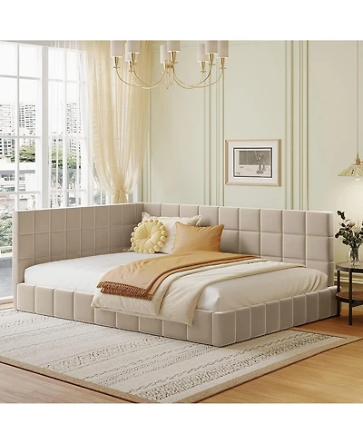 Rainsken L-Shaped Corner Upholstered Daybed, Grid Tufted Velvet Bed Frame with Wooden Slats for Bedroom