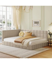Rainsken L-Shaped Corner Upholstered Daybed, Grid Tufted Velvet Bed Frame with Wooden Slats for Bedroom