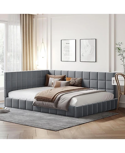 Rainsken L-Shaped Corner Upholstered Daybed, Grid Tufted Velvet Bed Frame with Wooden Slats for Bedroom