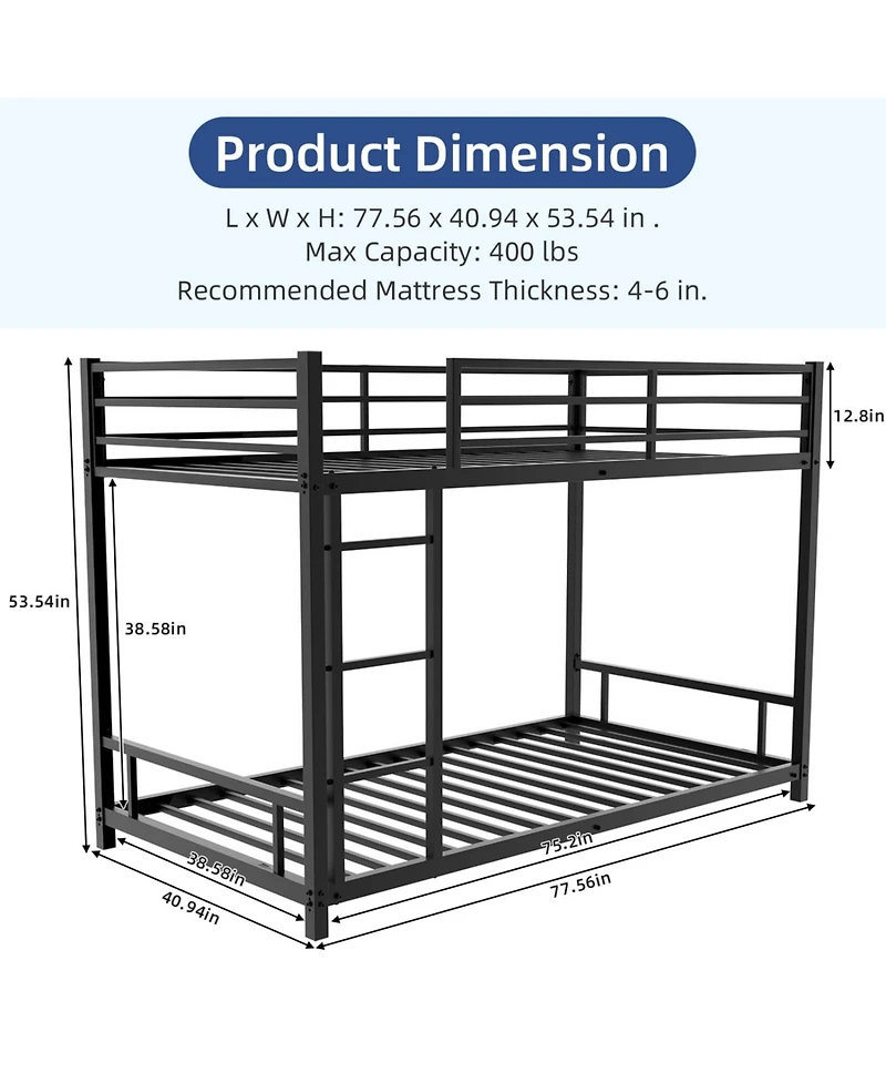 Rainsken Metal Bunk Bed Low Profile Bunkbed, with Ladder and Full-Length Guardrail, Noise Free, No Spring Box Required
