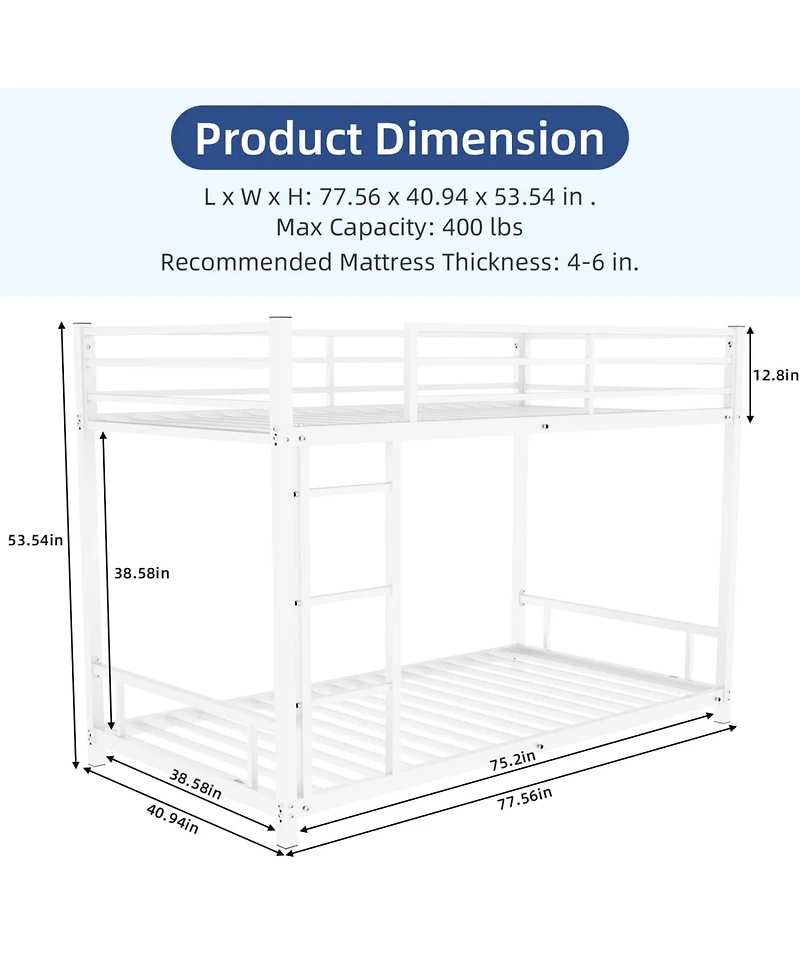 Rainsken Metal Bunk Bed Low Profile Bunkbed, with Ladder and Full-Length Guardrail, Noise Free, No Spring Box Required