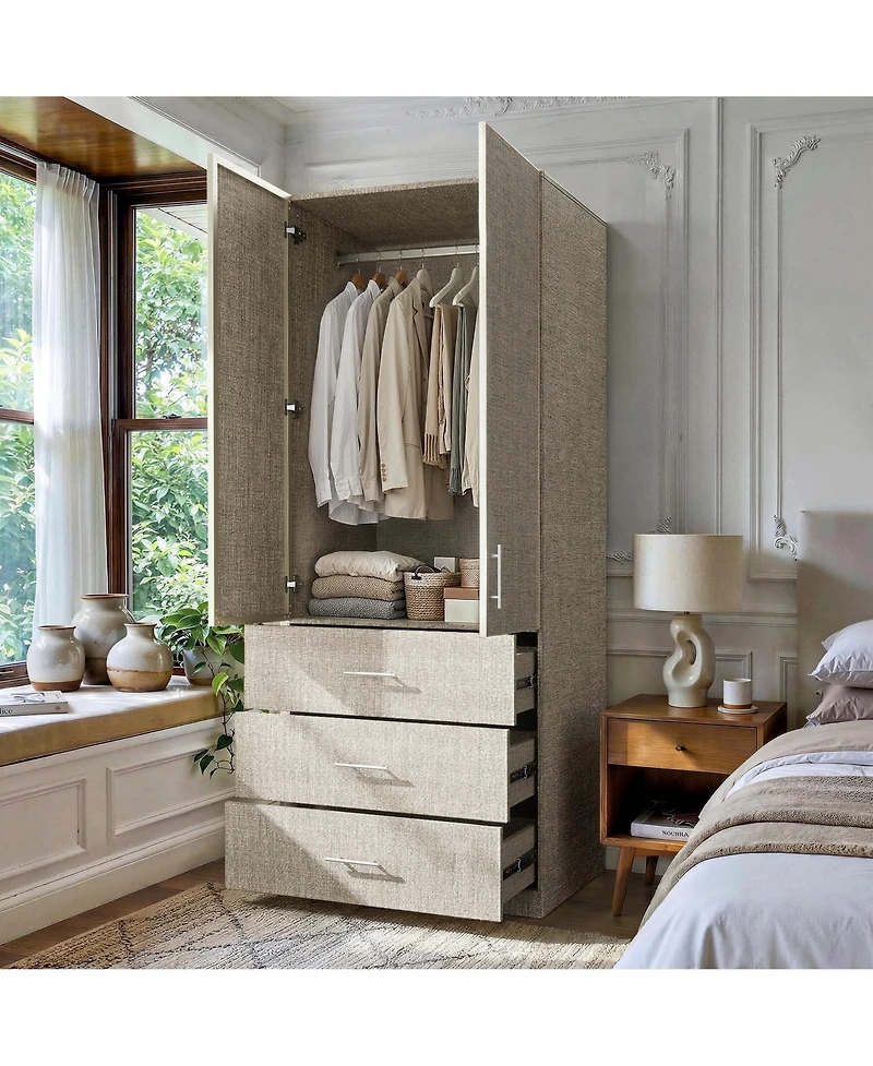 Homsee Linen Finish 2-Door 3-Drawer Wardrobe - 31.5"x23.6"x77.2" Modern Closet with Aluminum Frame | Bedroom Storage Organizer